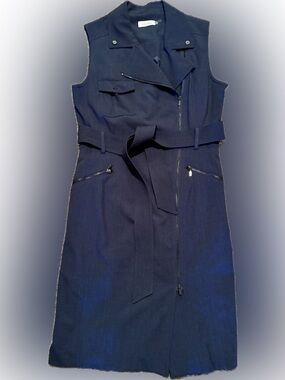 Calvin Klein Sz 10 Navy V-Neck Full Zipper Dress with Chest Pocket, Belt